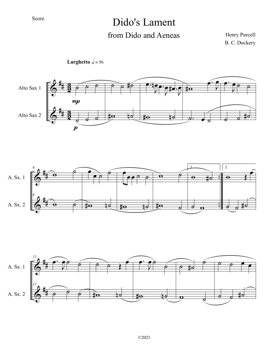 Dido's Lament (Alto Sax Duet) Woodwind Duet scores gallery preview page 1