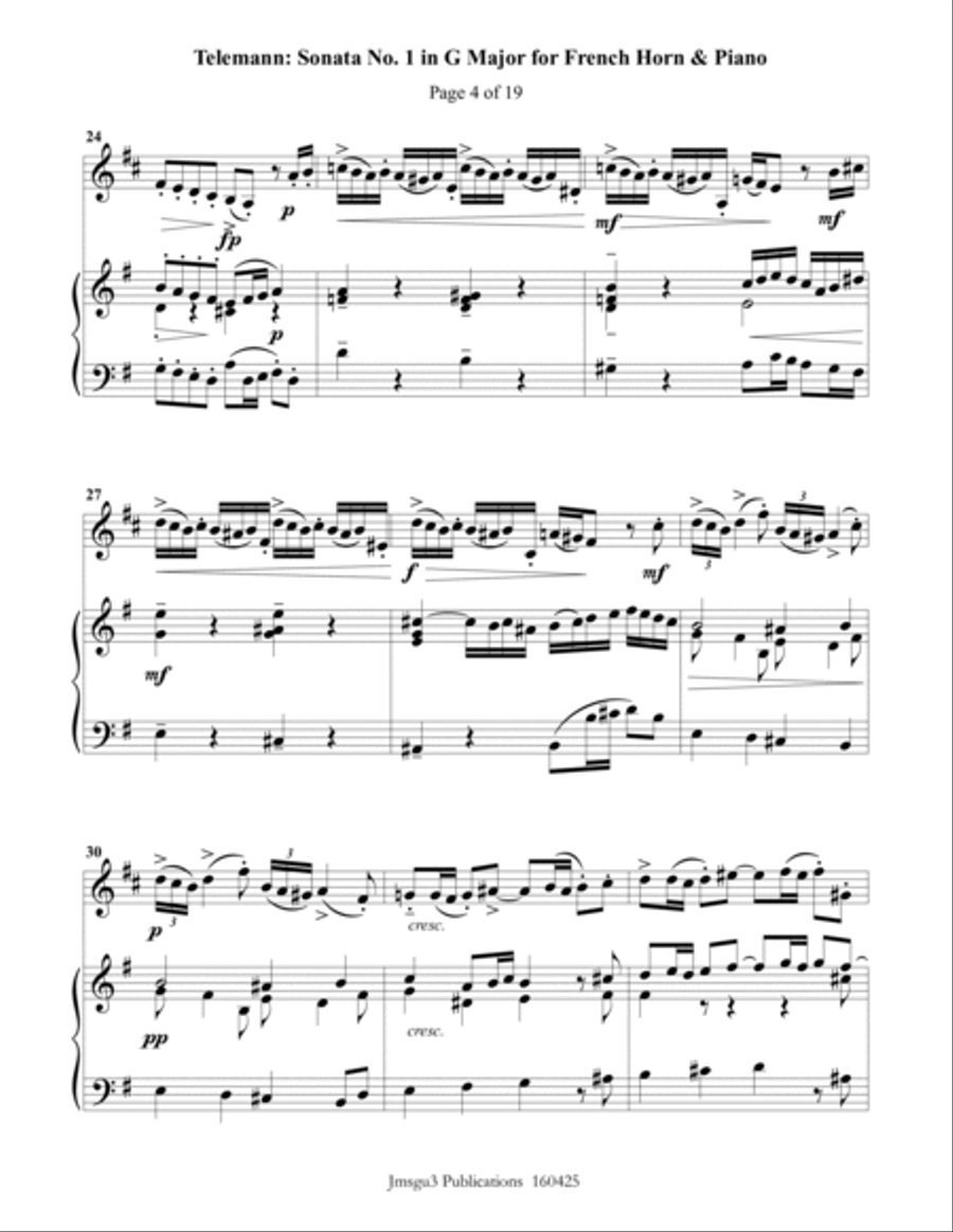 Telemann: Sonata in G Major for French Horn & Piano Horn scores gallery preview page 4