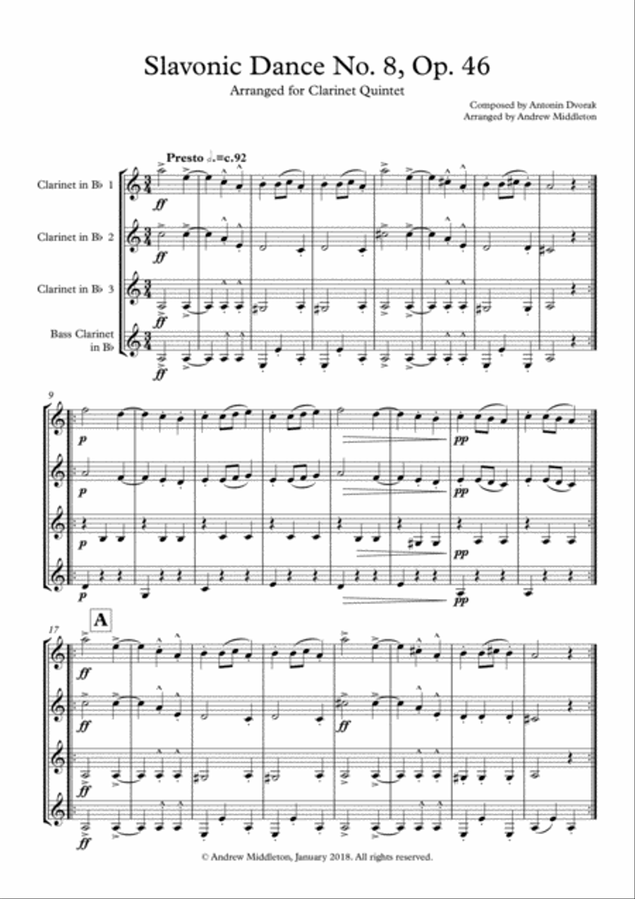 Slavonic Dance No. 8 in G Minor arranged for Clarinet Quartet Clarinet Quartet scores gallery preview page 3