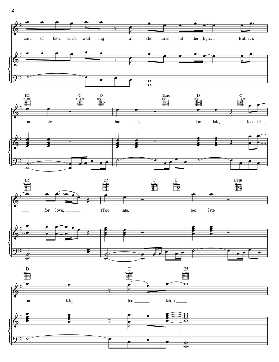Too Late For Love Too Late For Love Piano, Vocal, Guitar scores gallery preview page 2