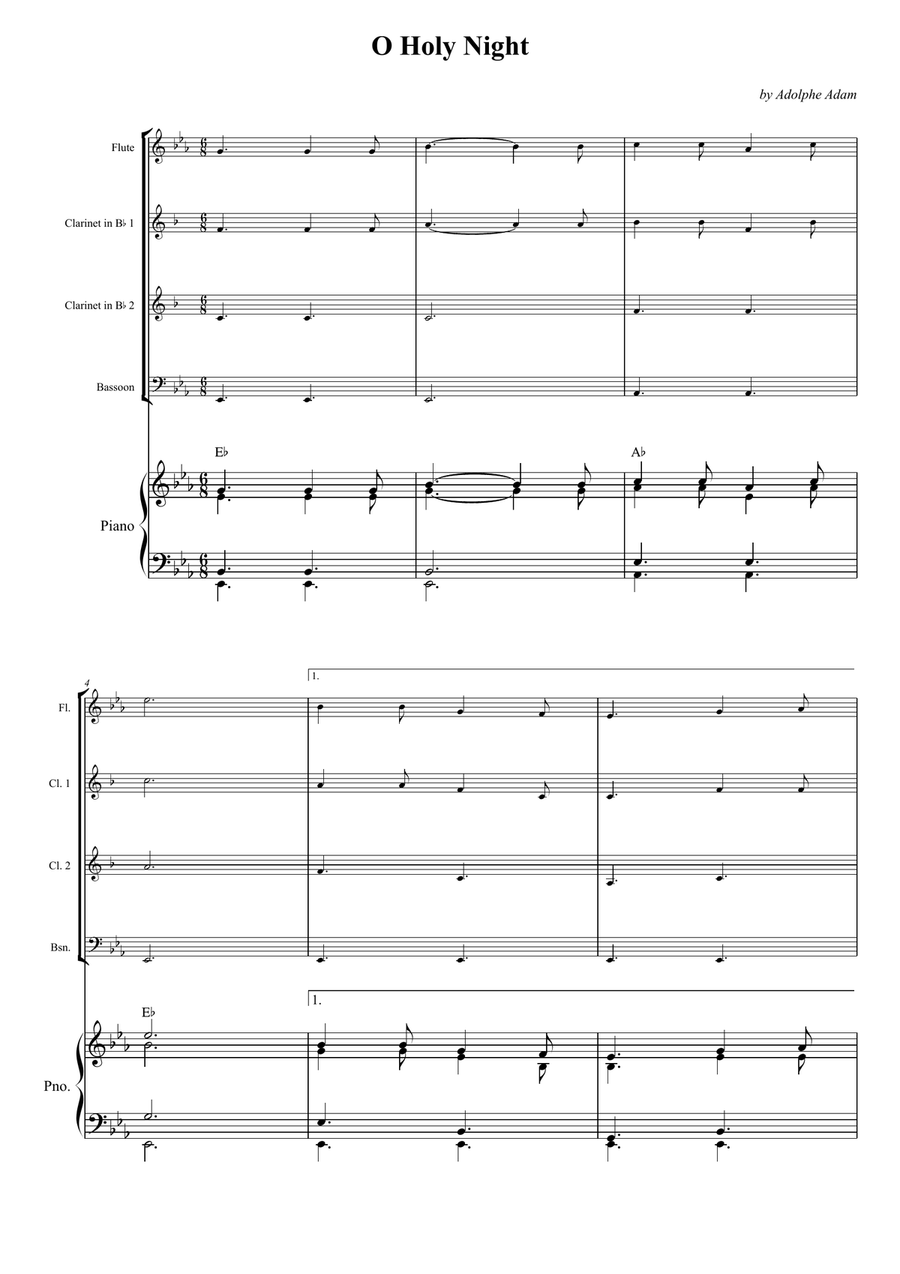 O Holy Night Woodwind Quartet scores gallery preview page 1