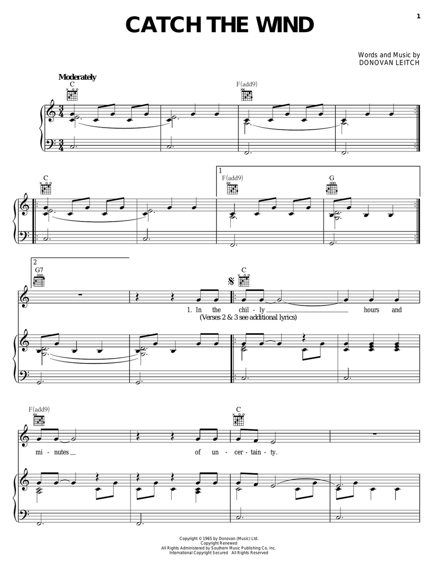 Catch The Wind Piano, Vocal, Guitar scores gallery preview page 1