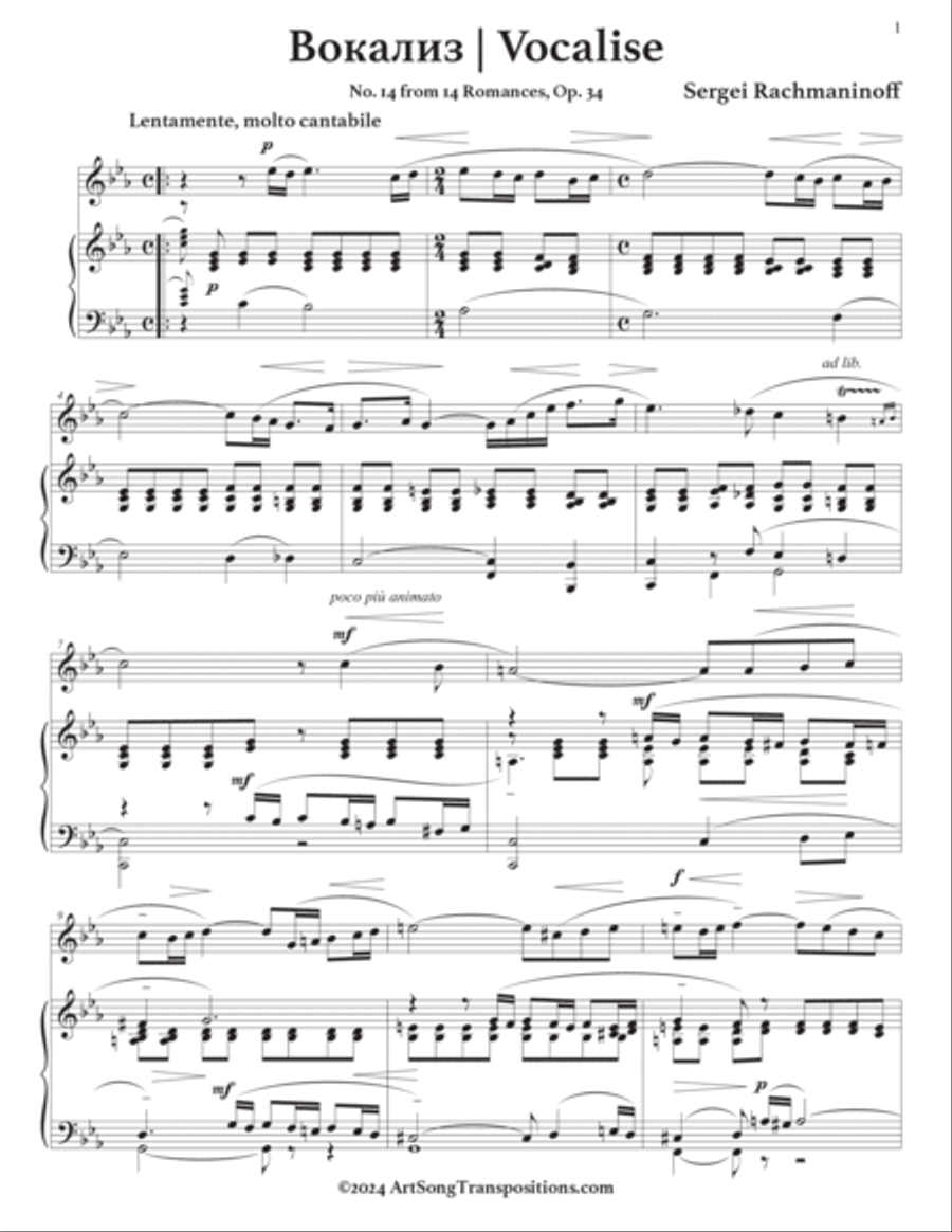 RACHMANINOFF: Vocalise, Op. 34 no. 14 (transposed to C minor) Voice scores gallery preview page 2