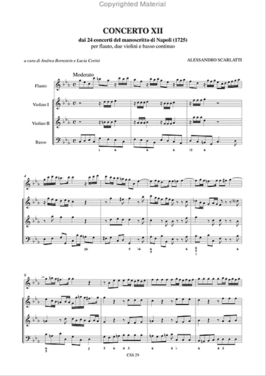 Concerto No. 12 from the 24 Concertos in the Naples manuscript (1725) for Treble Recorder (Flute), 2 Violins and Continuo Flute scores gallery preview page 2