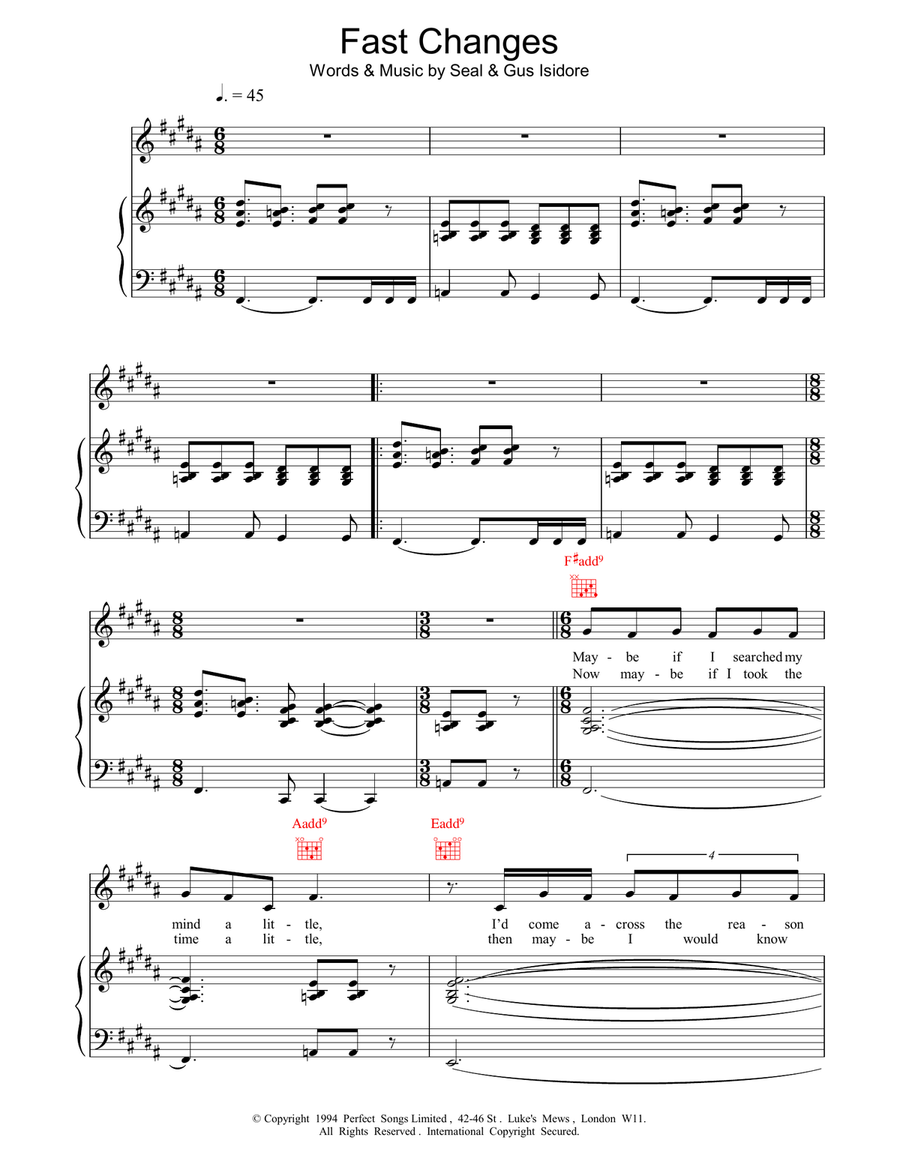 Fast Changes Piano, Vocal, Guitar scores gallery preview page 1