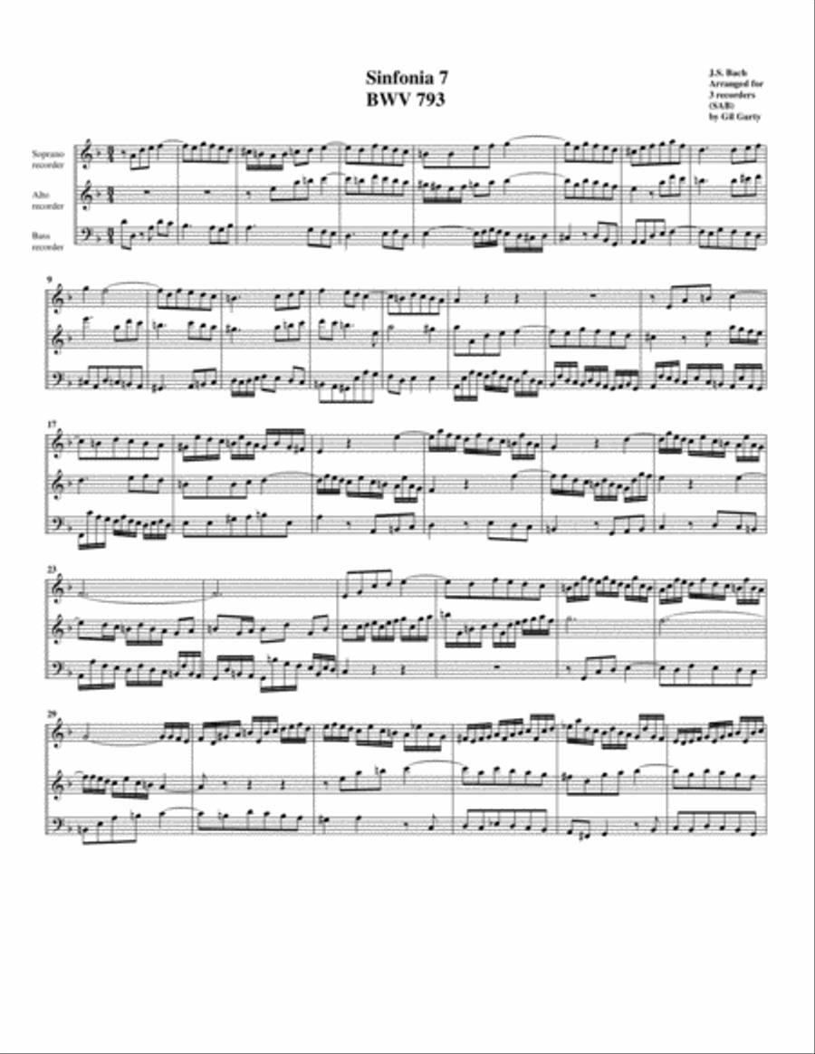 Sinfonia (Three part invention) no.7, BWV 793 (arrangement for 3 recorders) Soprano Recorder scores gallery preview page 1