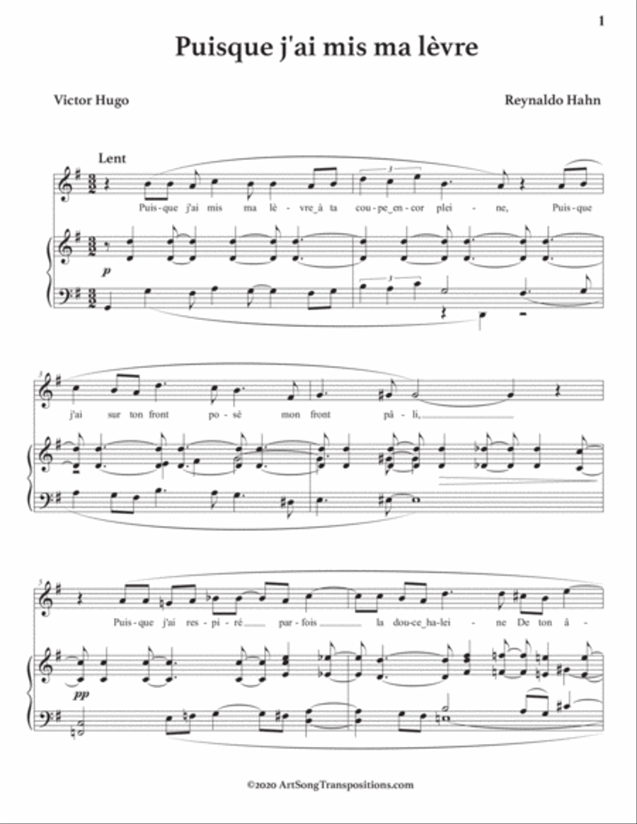 HAHN: Puisque j'ai mis ma lèvre (transposed to G major) Voice scores gallery preview page 2