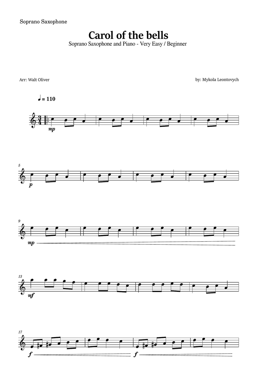 Carol of the Bells for Soprano Saxophone and Piano (Very Easy - Beginner) in G minor Soprano Saxophone scores gallery preview page 4