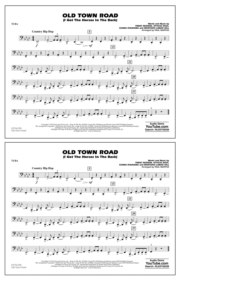 Old Town Road (arr. Paul Murtha) - Tuba Jazz Ensemble scores gallery preview page 1