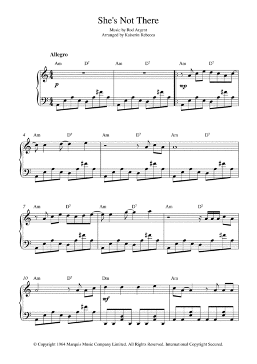 She's Not There Piano Solo scores gallery preview page 1