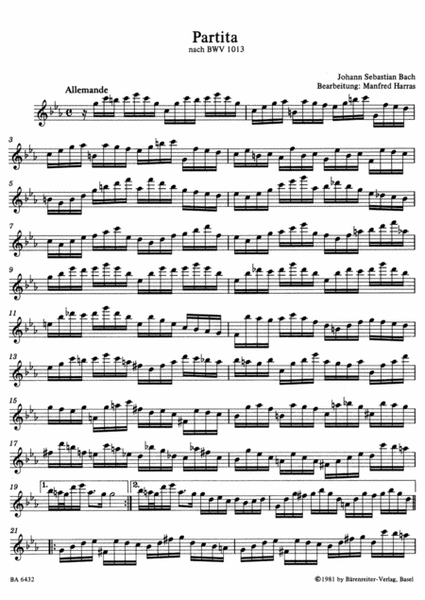 Partita for Solo Treble Recorder c minor (original a minor), BWV 1013