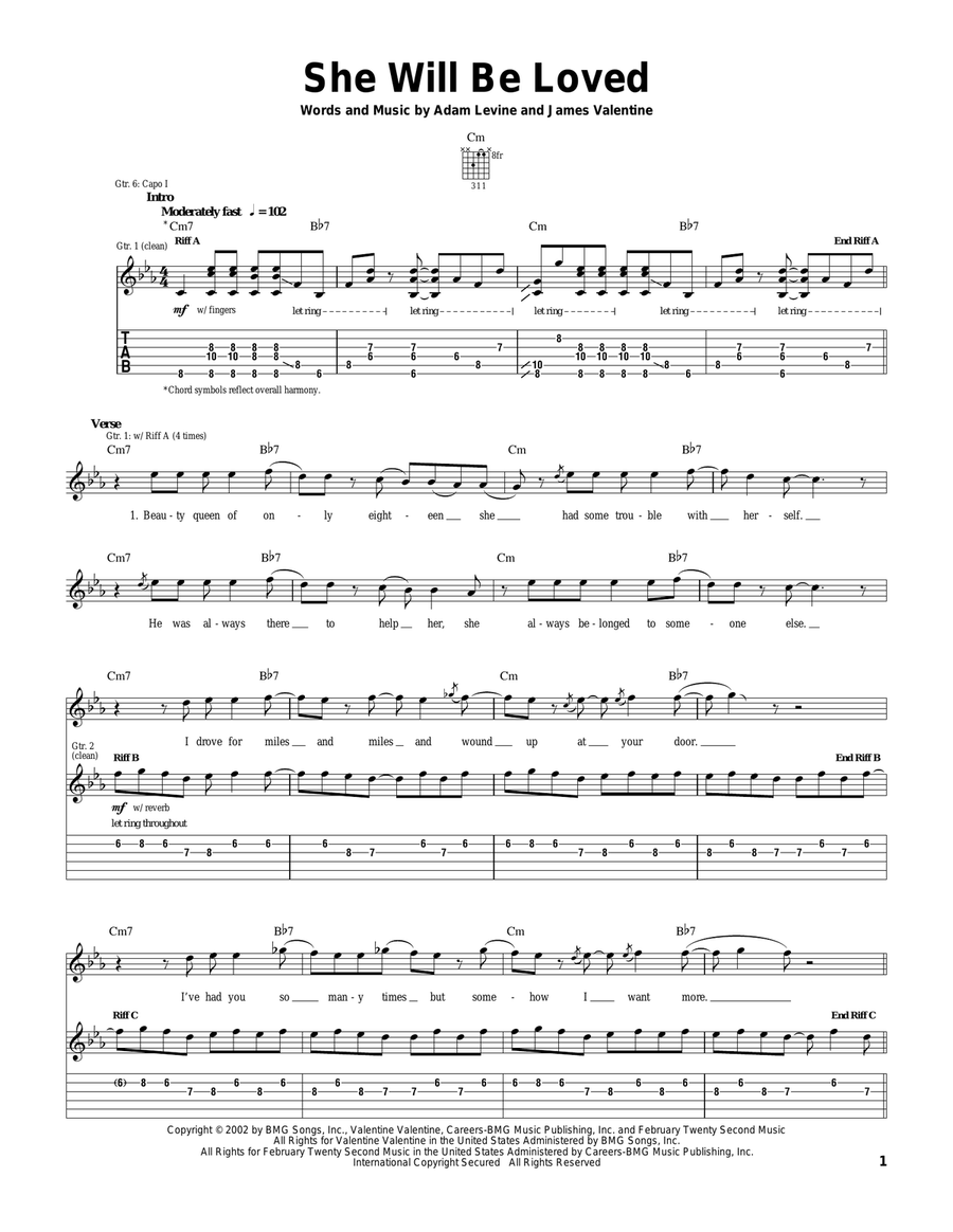 She Will Be Loved She Will Be Loved Guitar Tablature scores gallery preview page 1