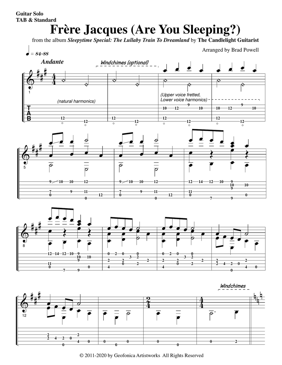 Frère Jacques (Are You Sleeping?) - (fingerstyle solo guitar arrangement) Acoustic Guitar scores gallery preview page 2