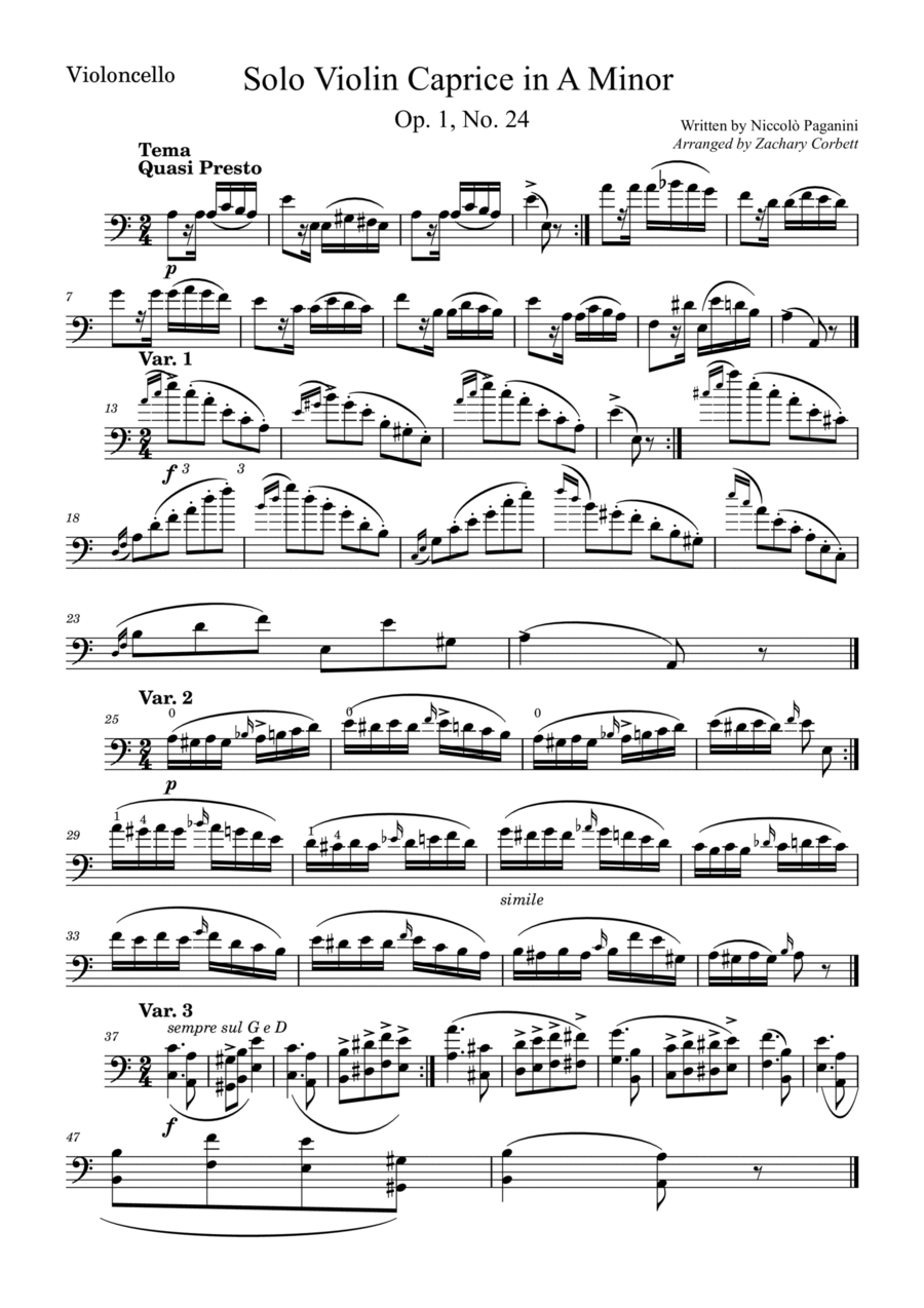 Solo Violin Caprice No. 24 in A Minor arranged for Cello