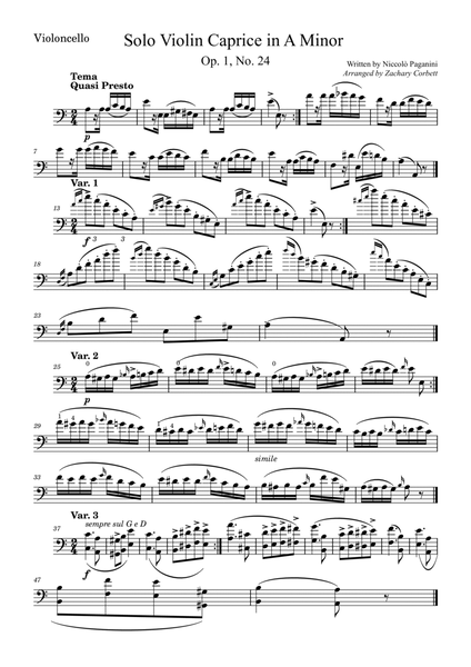 Solo Violin Caprice No. 24 in A Minor arranged for Cello