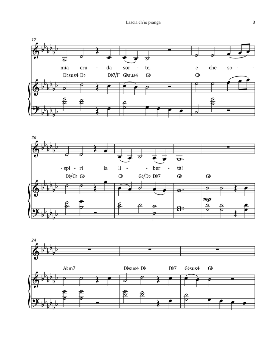 Lascia Ch'io Pianga by Händel - Contralto & Piano in G-flat Major with Chord Notation Chamber Music scores gallery preview page 3