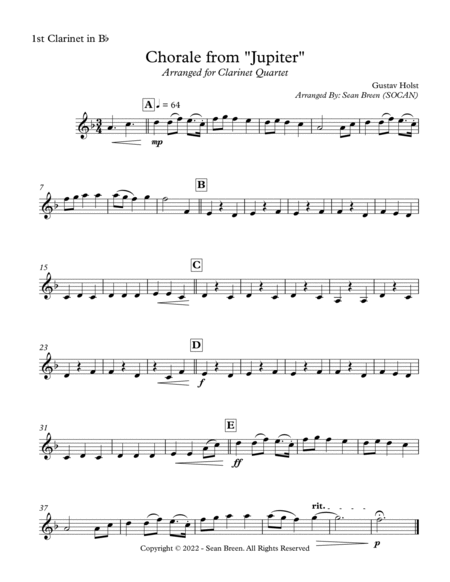 Chorale from "Jupiter" - Clarinet Quartet image number null