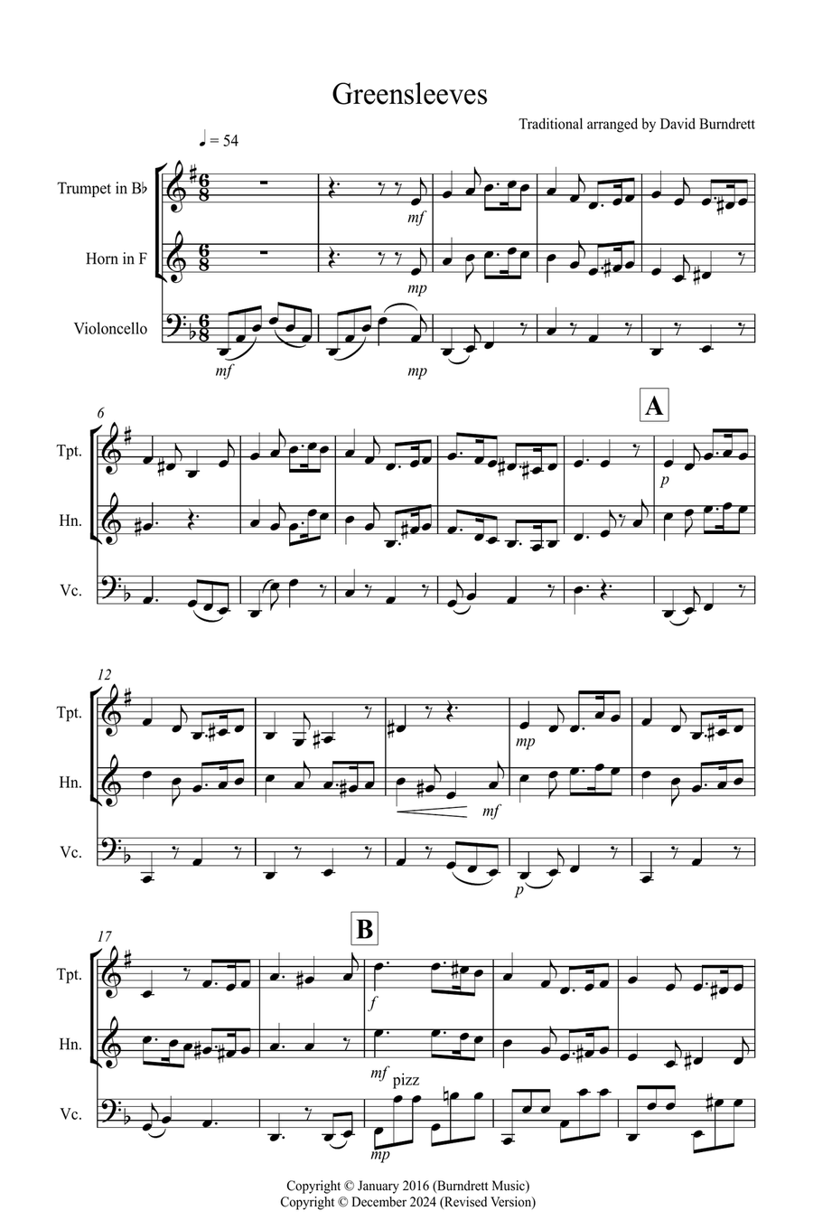 Greensleeves for Trumpet, Horn and Cello Trio Small Ensemble scores gallery preview page 1