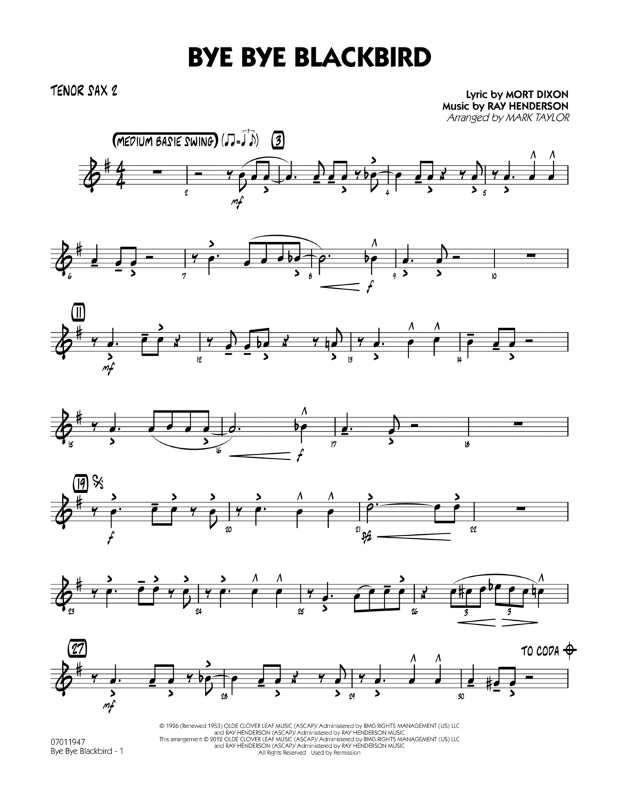 Bye Bye Blackbird - Tenor Sax 2 Jazz Ensemble scores gallery preview page 1