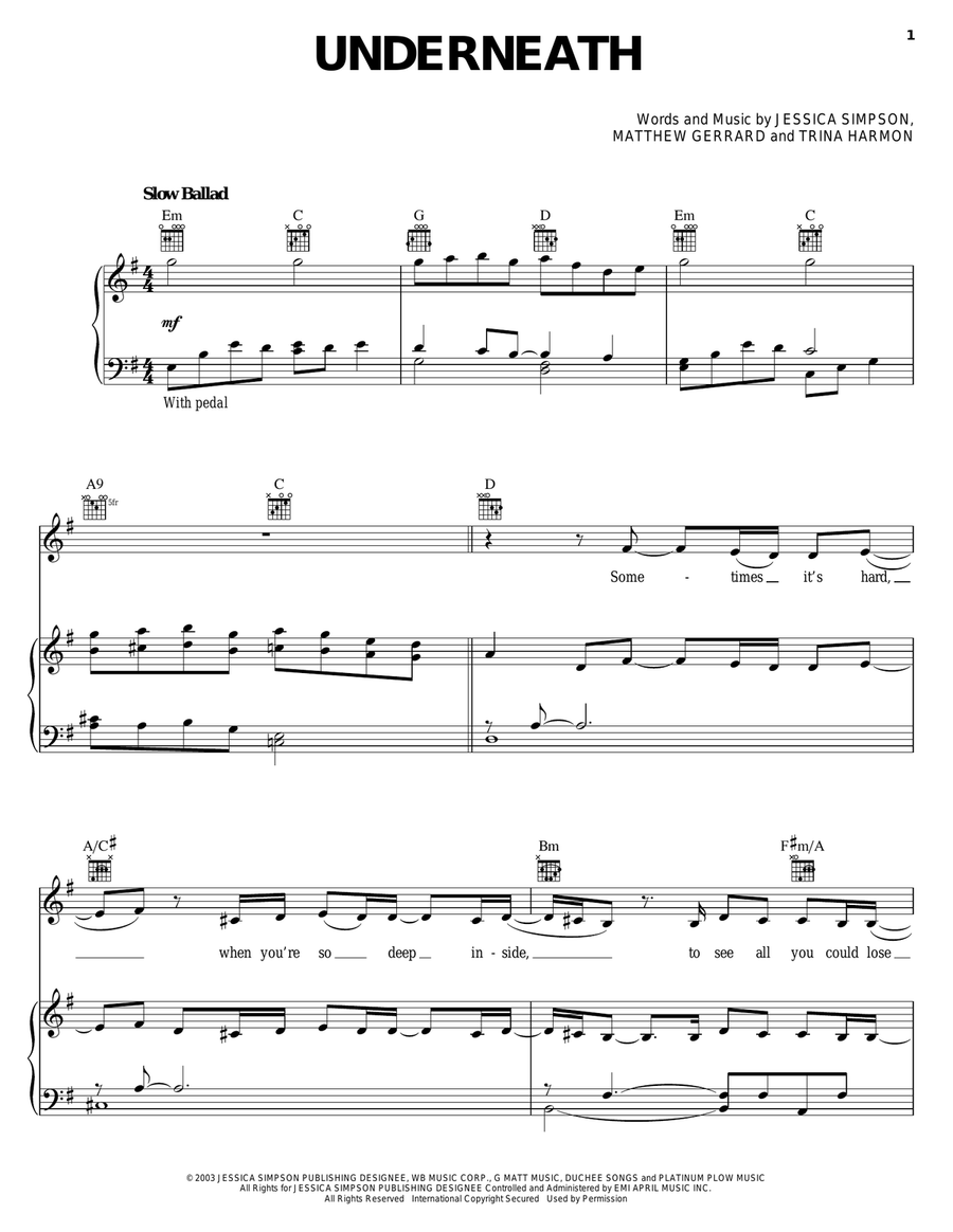 Underneath Underneath Piano, Vocal, Guitar scores gallery preview page 1