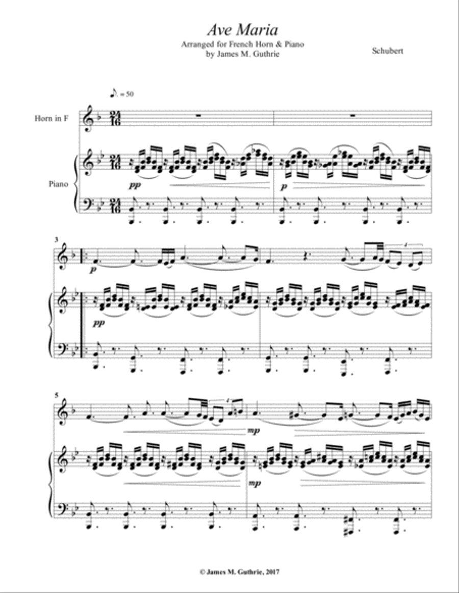 Schubert: Ave Maria for French Horn & Piano Horn scores gallery preview page 1