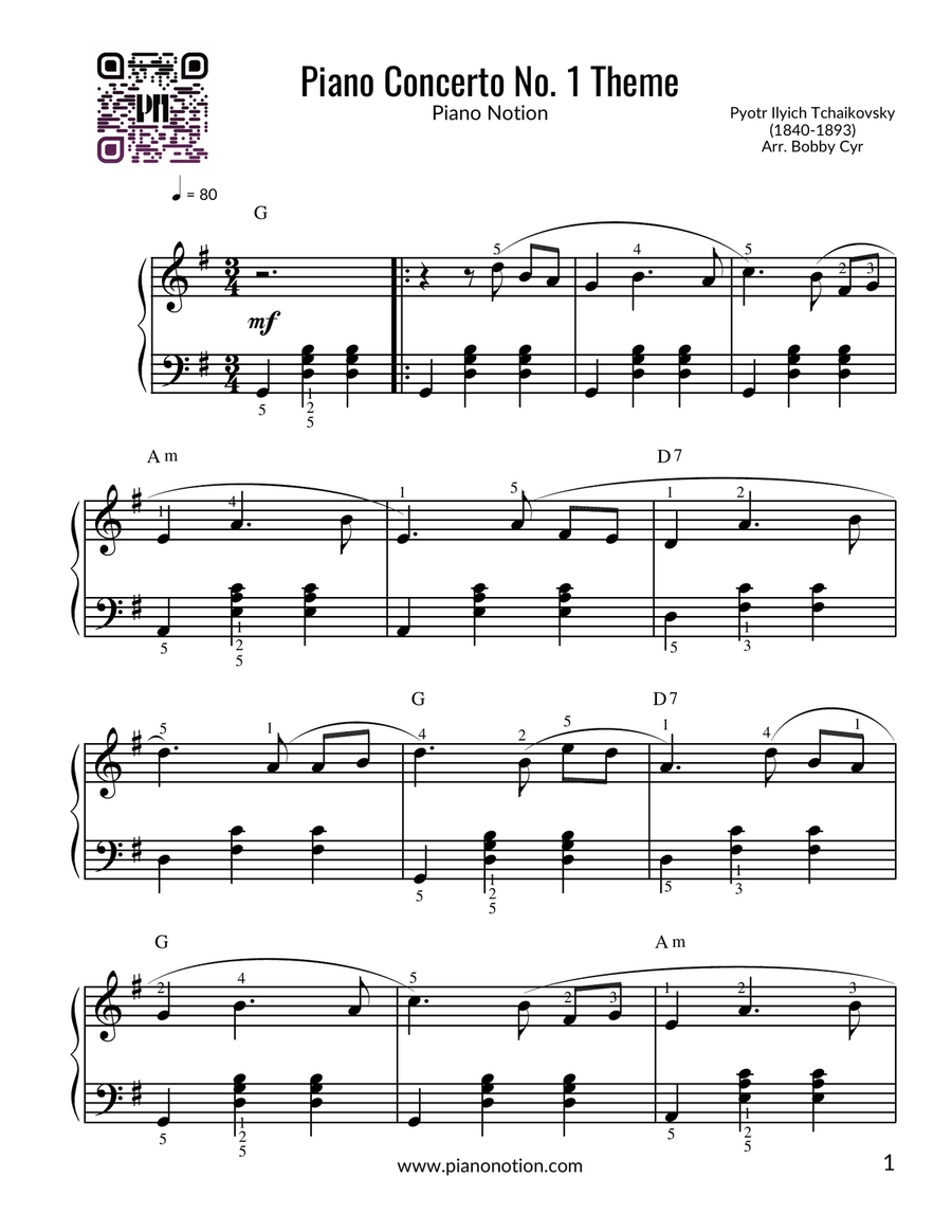 Piano Concerto No. 1 - Tchaikovsky (Piano Solo) Easy Piano scores gallery preview page 1