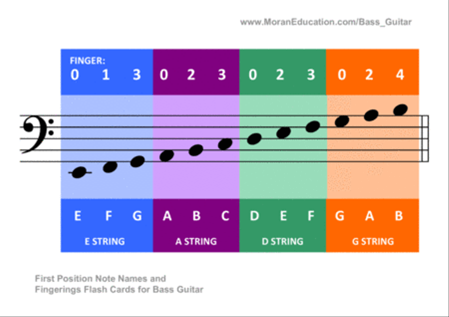 Bass Guitar First Position Note Names and Fingerings Flash Cards