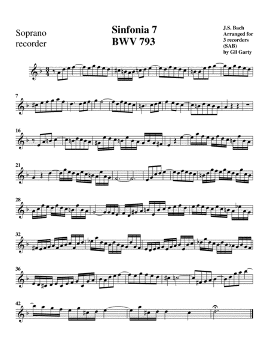 Sinfonia (Three part invention) no.7, BWV 793 (arrangement for 3 recorders) Soprano Recorder scores gallery preview page 3