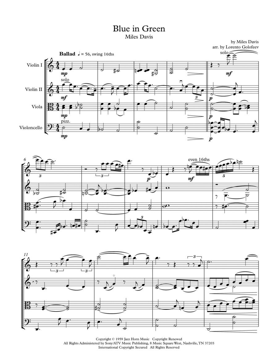 Blue In Green String Quartet scores gallery preview page 1
