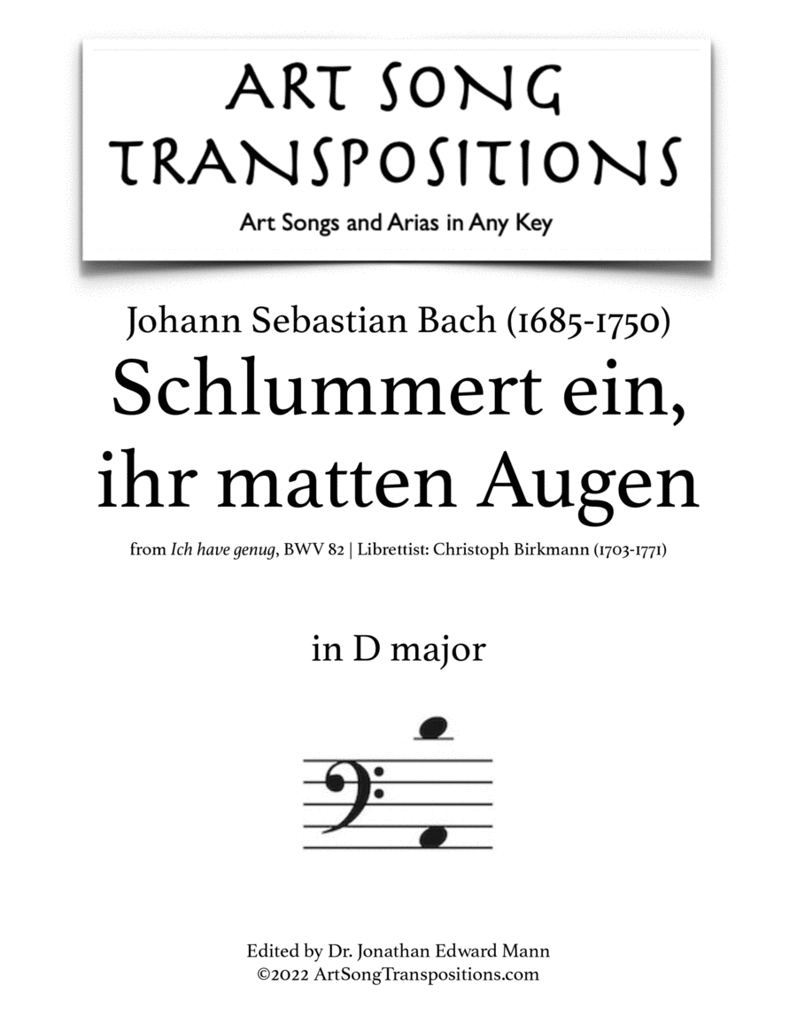 BACH: Schlummert ein, ihr matten Augen, BWV 82 (transposed to D major) Voice scores gallery preview page 1