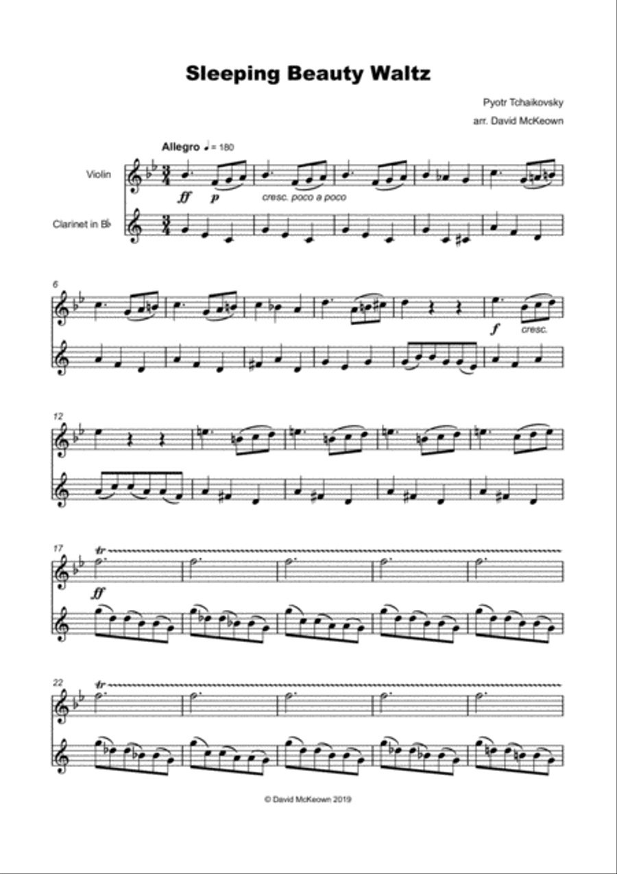 The Sleeping Beauty Waltz by Tchaikovsky, for Violin and Clarinet Duet Clarinet Duet scores gallery preview page 2