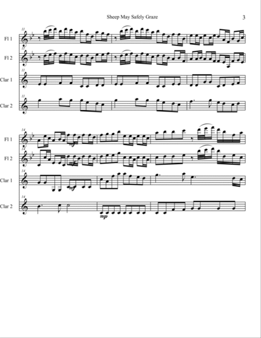 Sheep May Safely Graze for 2 flutes and 2 clarinets Woodwind Quartet scores gallery preview page 3