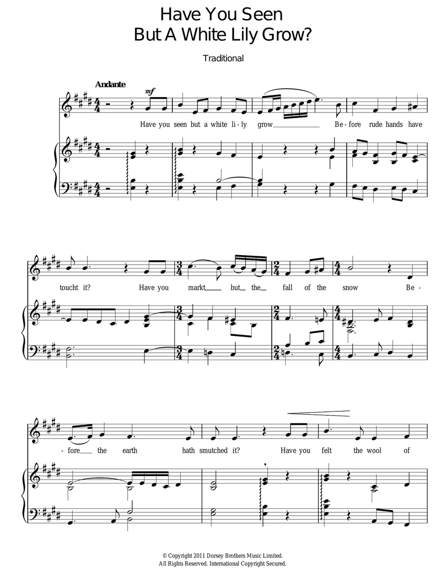Have You Seen But A White Lily Grow? by Traditional Piano, Vocal - Digital Sheet Music