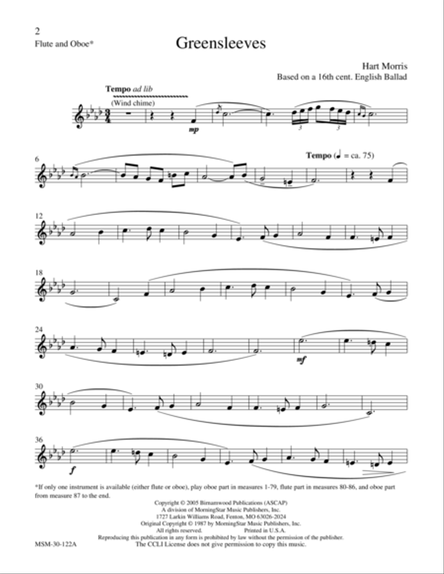 Greensleeves (Downloadable Flute & Oboe Parts) Flute scores gallery preview page 1
