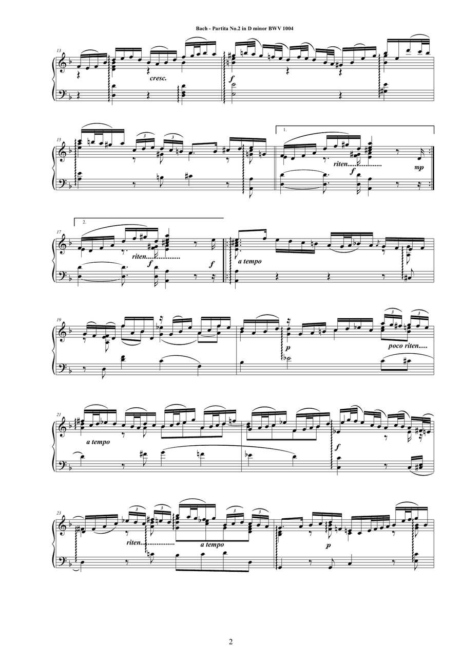Bach - Partita No.2 in D minor BWV 1004 for Harpsichord or Piano Harpsichord scores gallery preview page 2