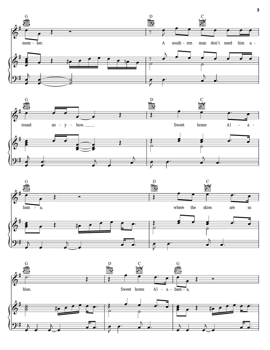 Sweet Home Alabama Piano, Vocal, Guitar scores gallery preview page 3