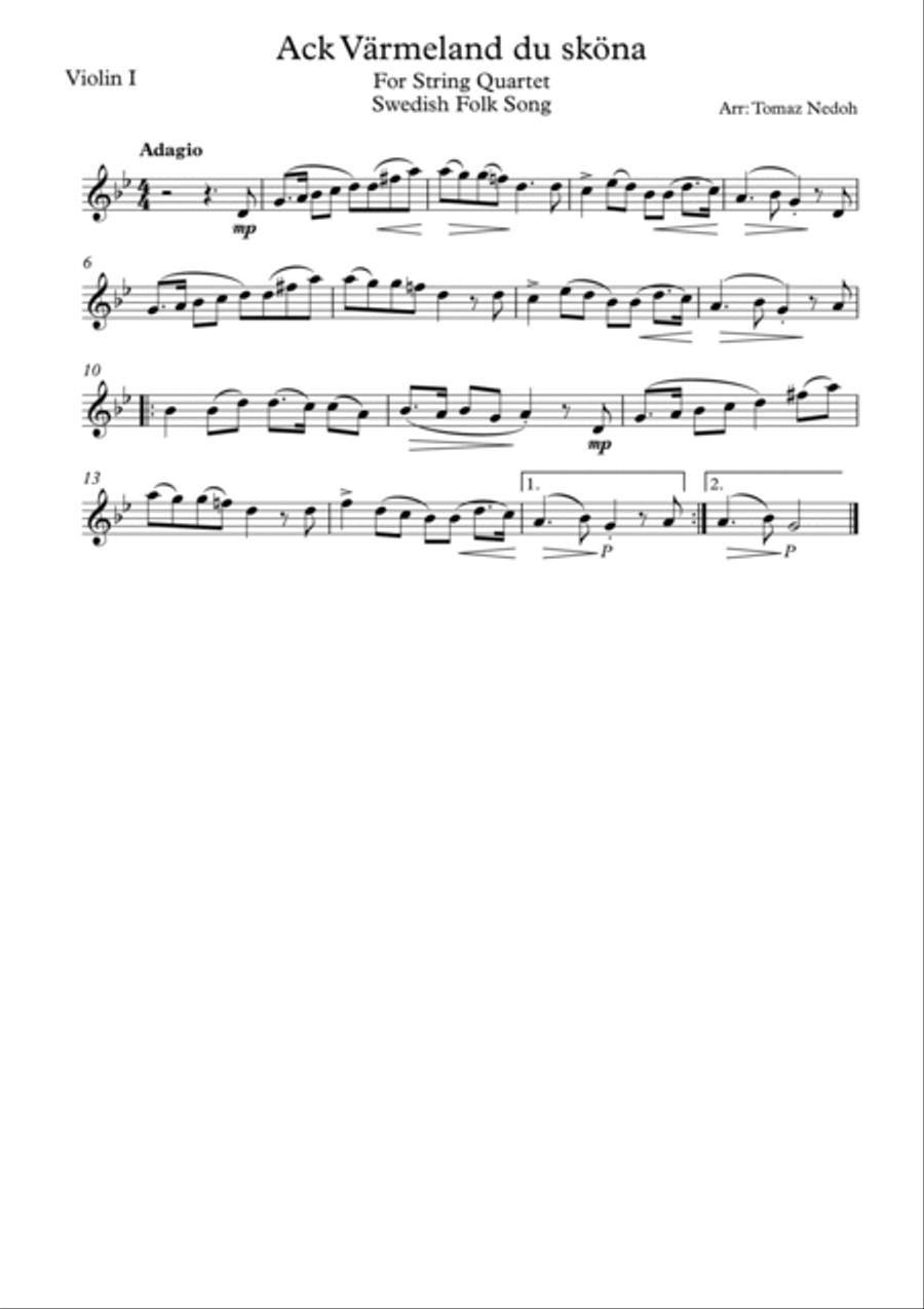 Ack Värmeland du sköna for String Quartet String Quartet scores gallery preview page 2