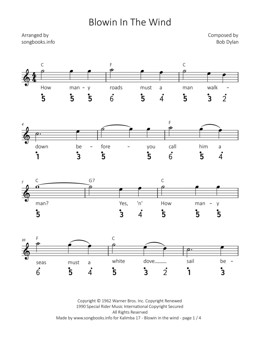 Blowin' In The Wind Kalimba scores gallery preview page 1