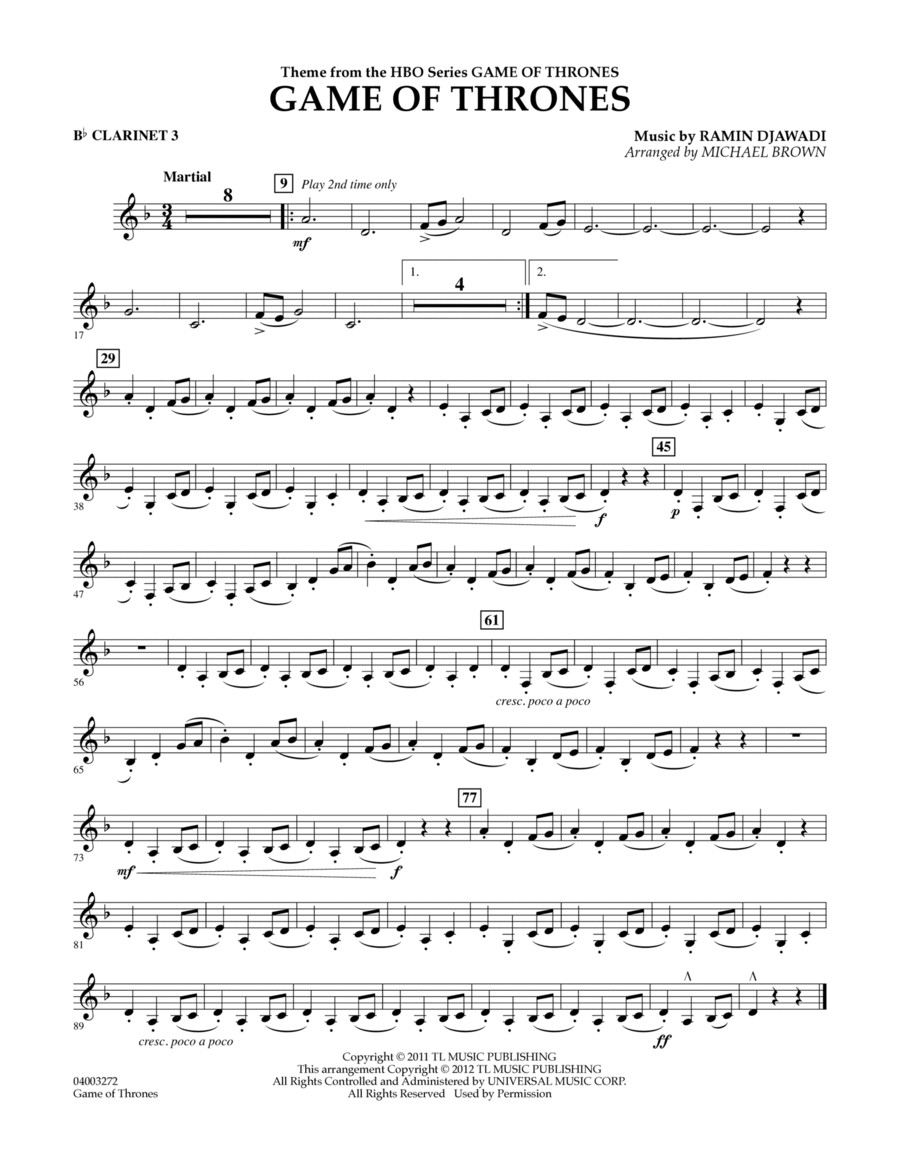 Game Of Thrones (arr. Michael Brown) - Bb Clarinet 3 Concert Band scores gallery preview page 1
