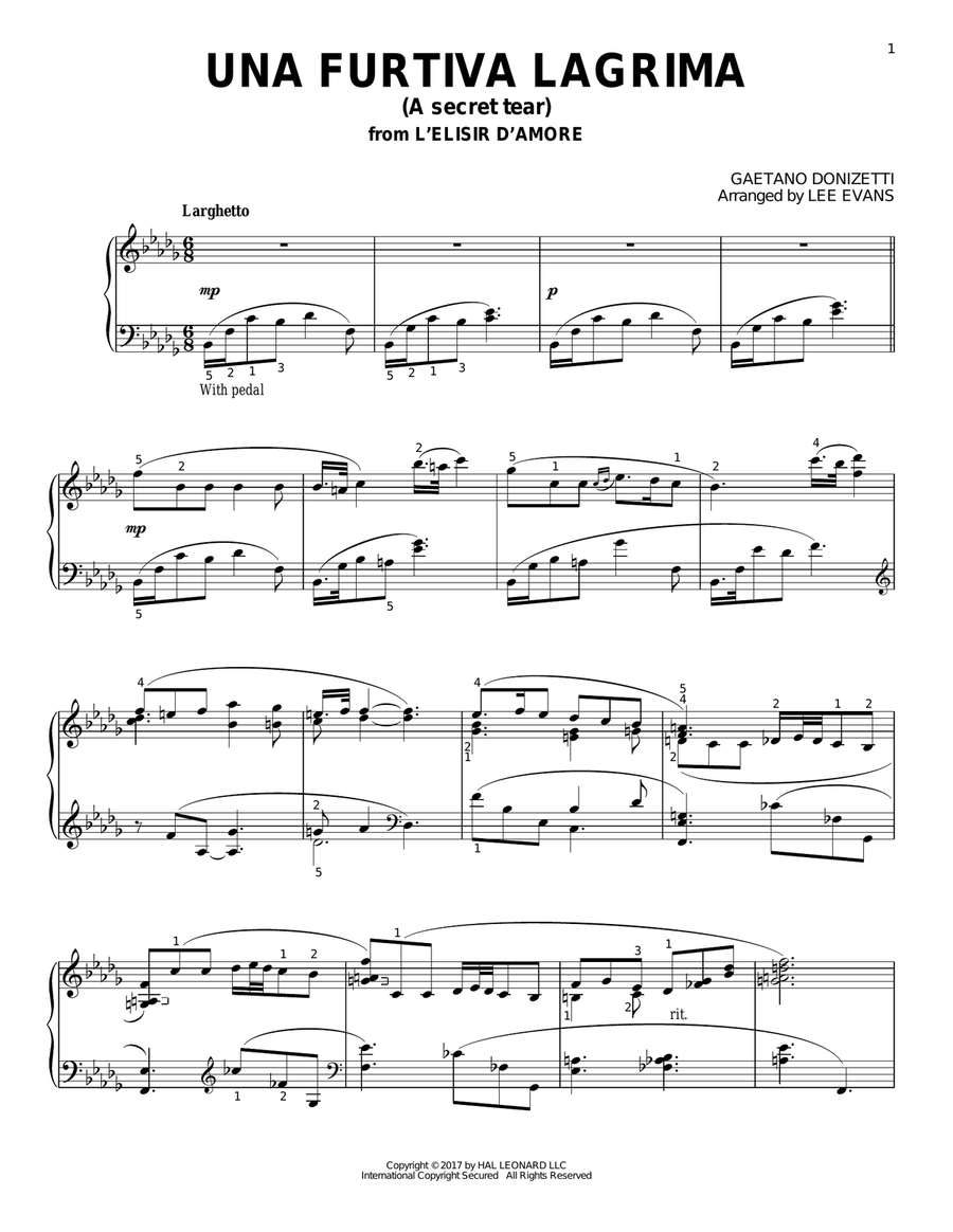 Una Furtiva Lagrima (The Elixir Of Love) (arr. Lee Evans) Piano Solo scores gallery preview page 1