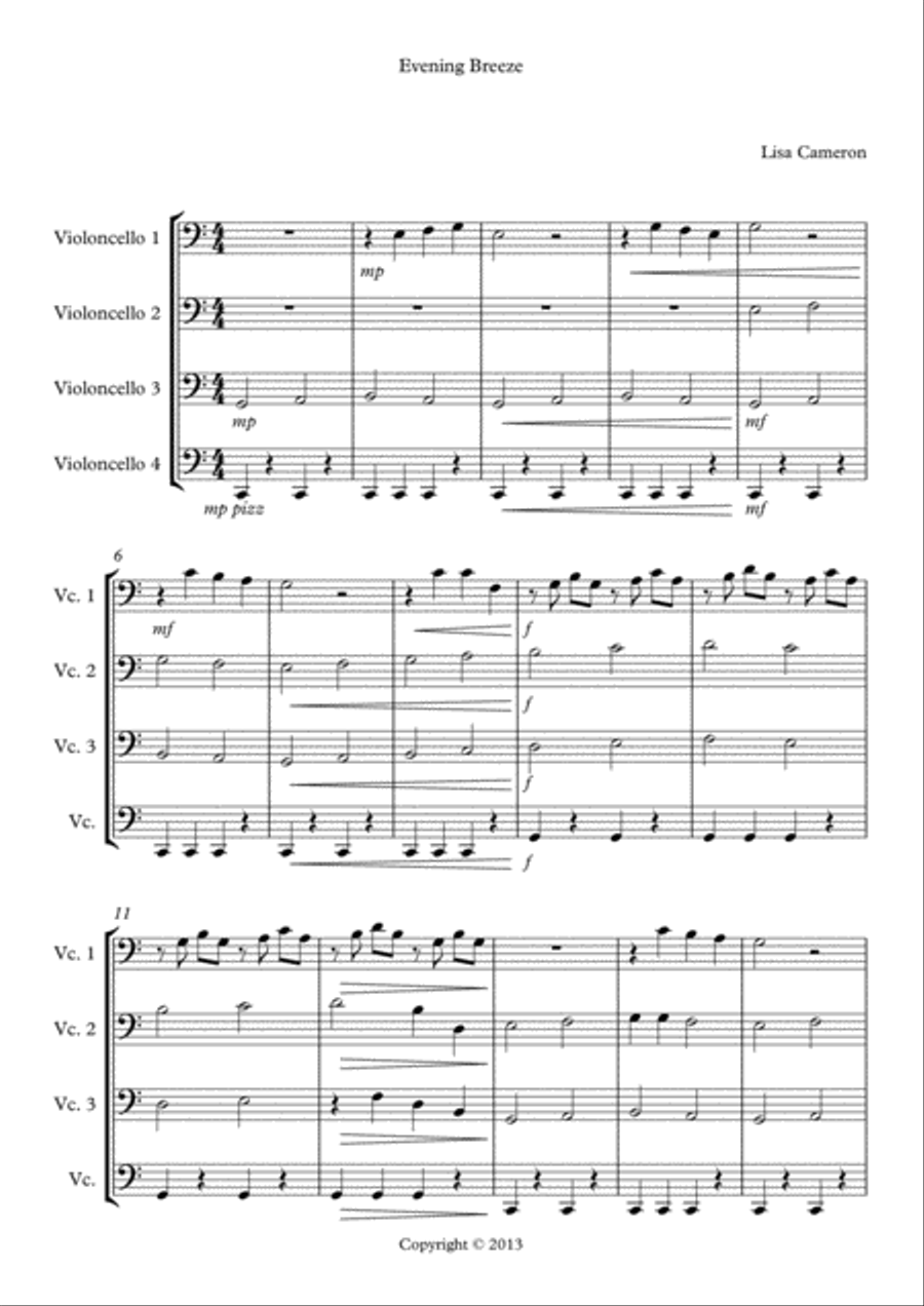 Evening Breeze - Cello Quartet String Quartet scores gallery preview page 1