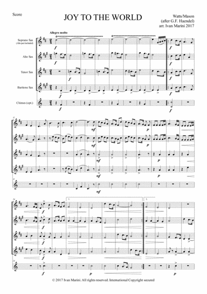 JOY TO THE WORLD - for Saxophone Quartet (opt. Tubular Bells) image number null