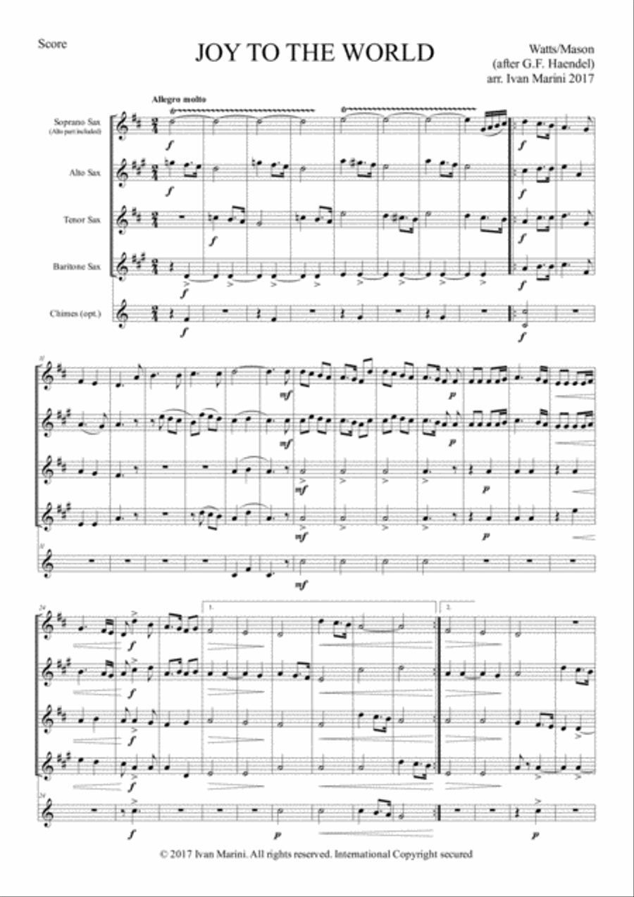 JOY TO THE WORLD - for Saxophone Quartet (opt. Tubular Bells) Saxophone Quartet scores gallery preview page 2