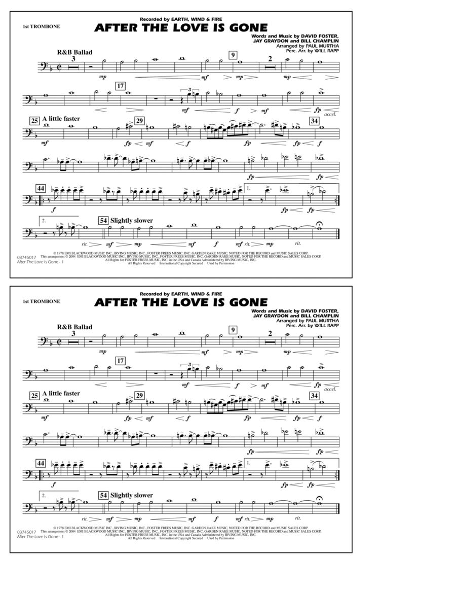 After the Love Has Gone (arr. Paul Murtha) - 1st Trombone Marching Band scores gallery preview page 1