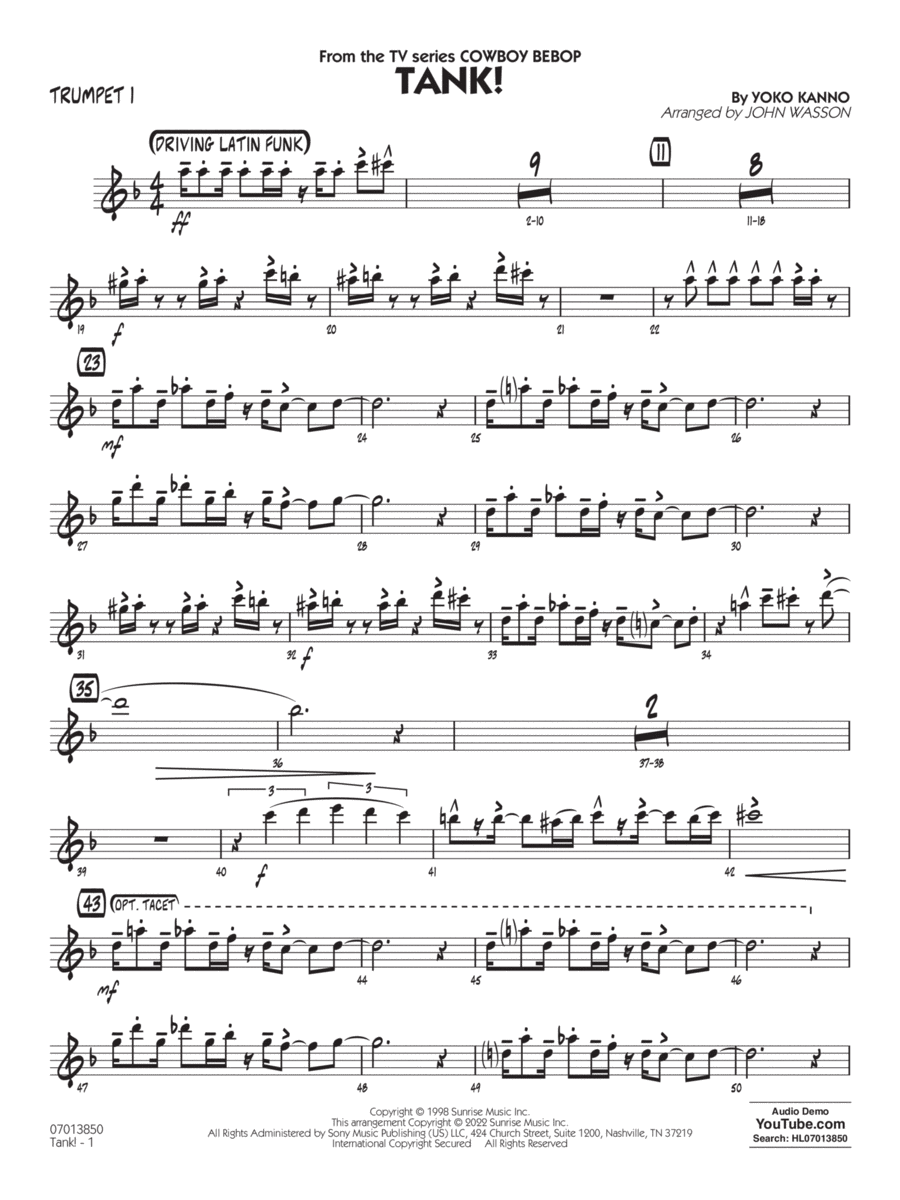 Tank! (from Cowboy Bebop) (arr. John Wasson) - Trumpet 1 Jazz Ensemble scores gallery preview page 1