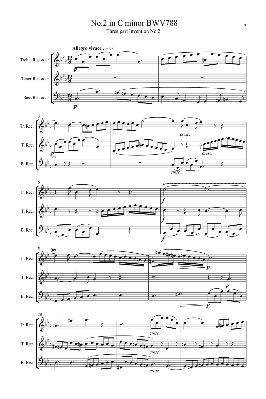 Bach: Sinfonia (Three part Inventions) Nos.1, 2 & 3 - low recorder trio (TTB/ATB) TTB scores gallery preview page 3