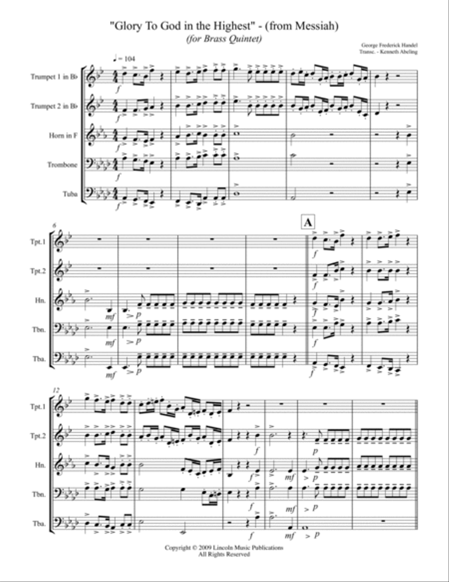 Handel – Glory to God in the Highest from Messiah (for Brass Quintet) Brass Quintet scores gallery preview page 2