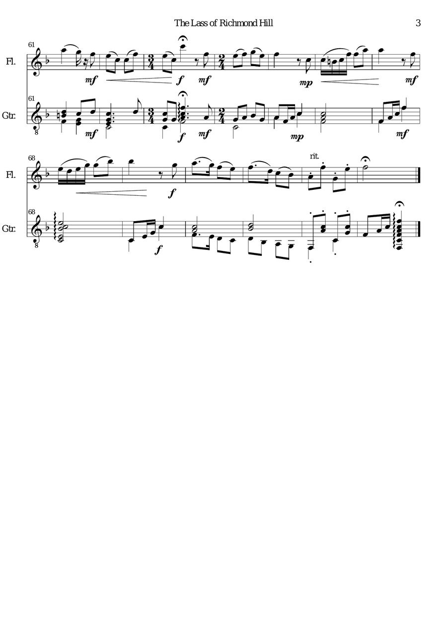 Lass of Richmond Hill for (medium difficulty) flute and guitar Flute scores gallery preview page 3
