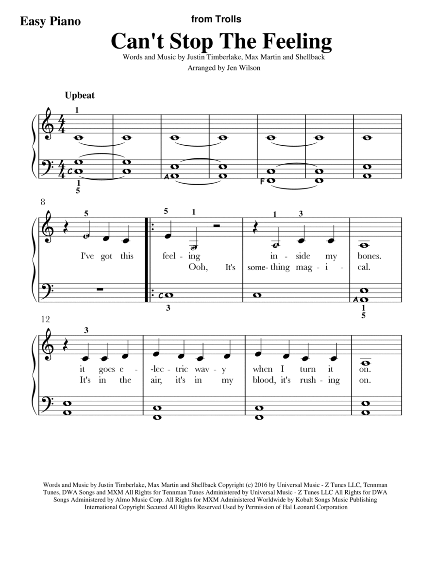 Can't Stop The Feeling from TROLLS Easy Piano scores gallery preview page 1