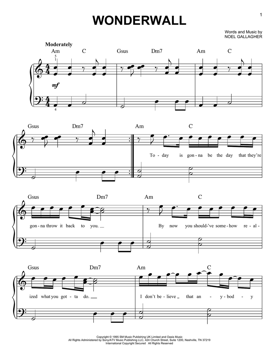 Wonderwall Easy Piano scores gallery preview page 1